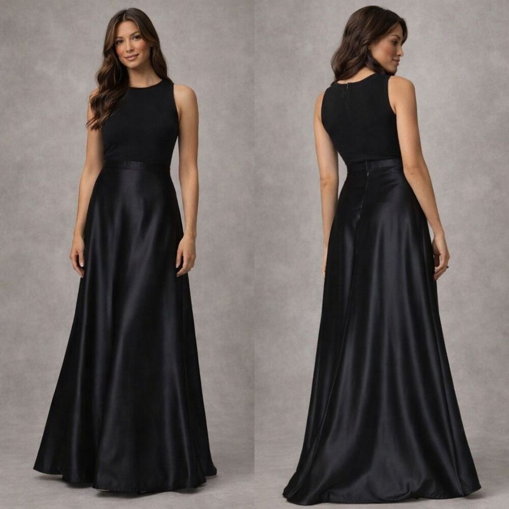 TADASHI‎ Black Satin Maxi Skirt US 8 Cut Elegant Formal Evening USA Made 455598L
